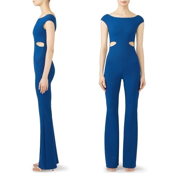 CHIARA BONI Cutout Waist Boatneck Cap Sleeve Flare Leg Fitted Cobalt Jumpsuit 10 - Picture 2 of 7